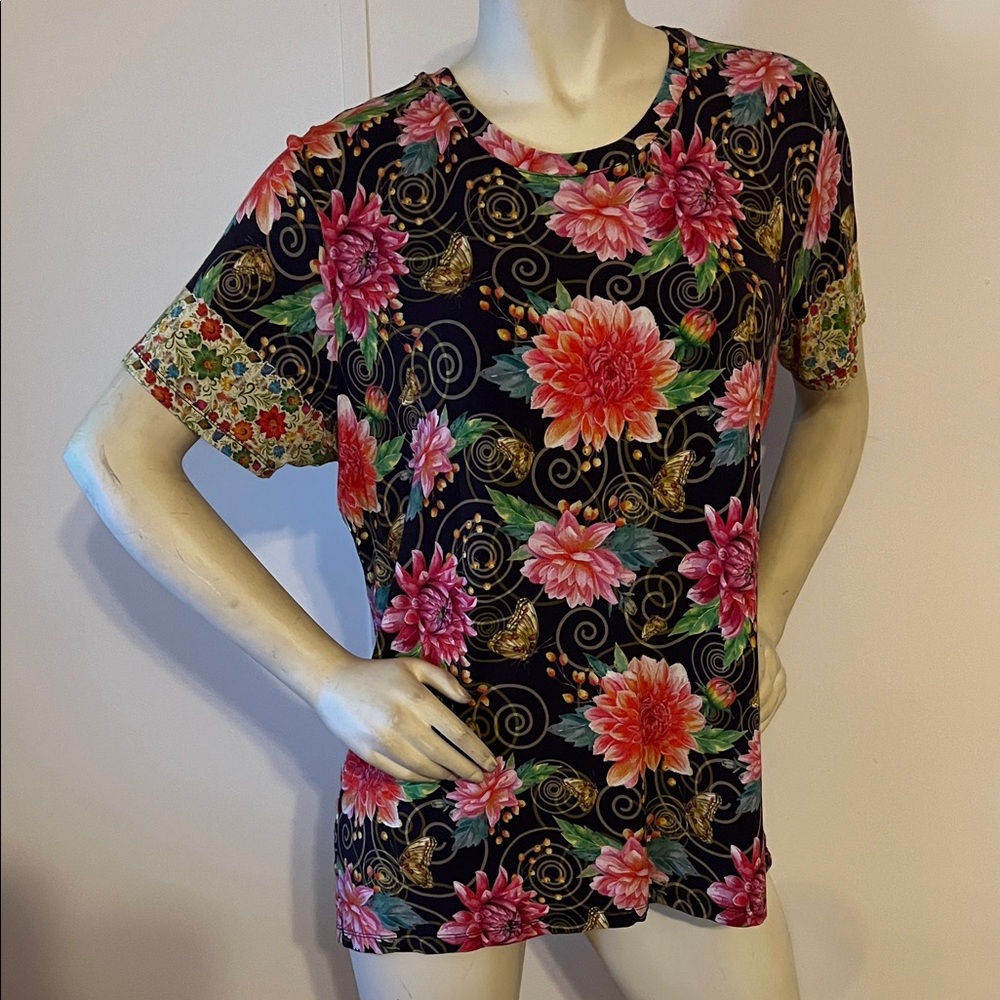 Johnny Was Black and Pink Floral Short Sleeve Top